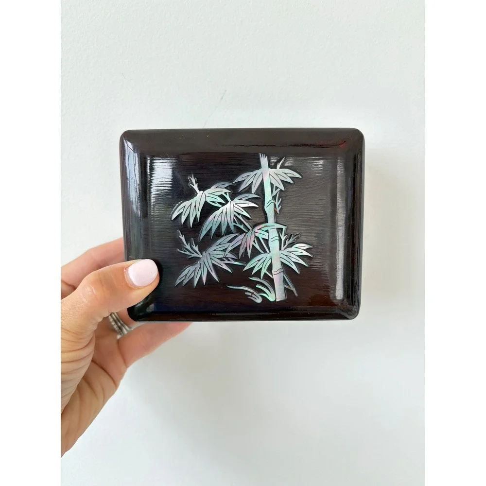 Vintage Japanese Lacquer Trinket Box Mother of Pearl Bamboo Inlay Wood Mahogany